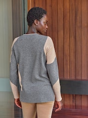 Pure Collection Grey Wool Cashmere Bi Colour Patch Intarsia Jumper - Image 2 of 3