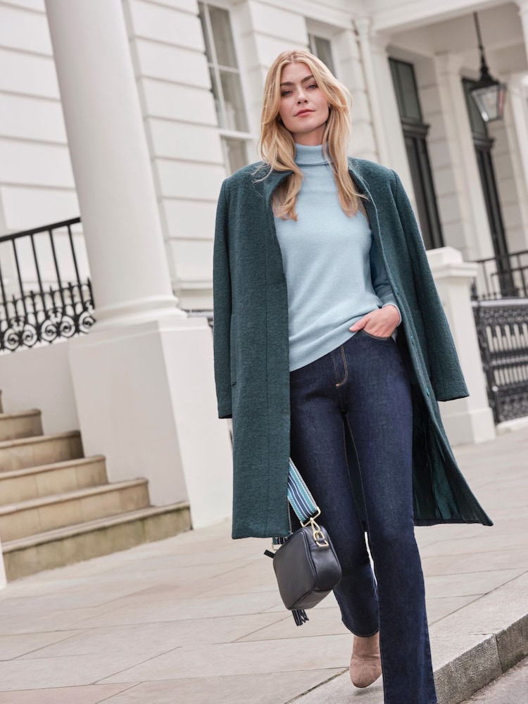 Pure Collection Green Boucle Wool Funnel Neck Coat - Image 1 of 3