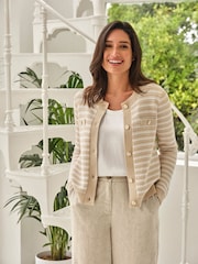 Pure Collection Natural Stripe Knit 100% Cotton Jacket with Round Neck - Image 1 of 3