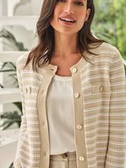 Pure Collection Natural Stripe Knit 100% Cotton Jacket with Round Neck - Image 2 of 3