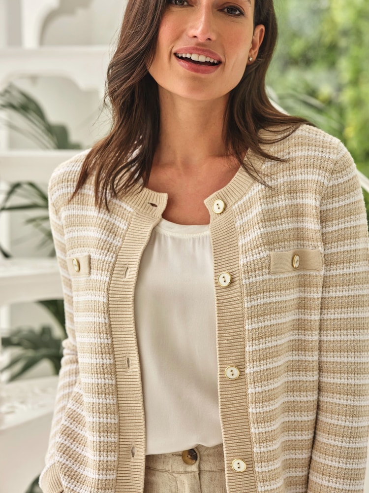 Pure Collection Natural Stripe Knit 100% Cotton Jacket with Round Neck - Image 2 of 3