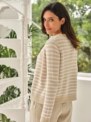Pure Collection Natural Stripe Knit 100% Cotton Jacket with Round Neck - Image 3 of 3