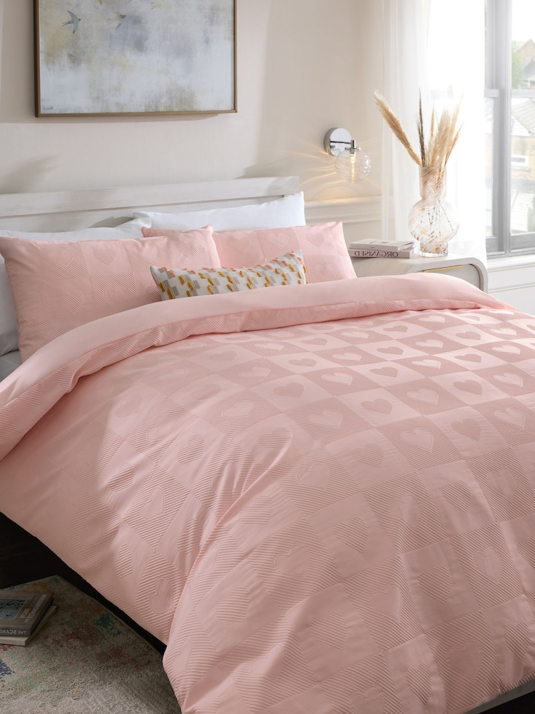 Pink Heart Textured Duvet Cover and Pillowcase Set - Image 1 of 4