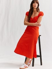 Bright Red Puff Sleeve Midi Dress - Image 1 of 4