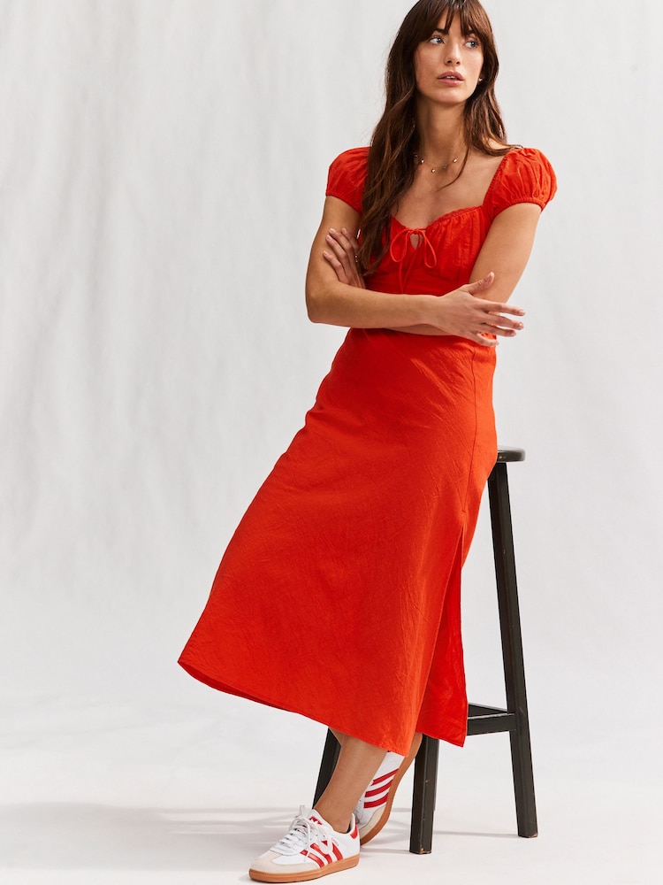 Bright Red Puff Sleeve Midi Dress - Image 1 of 4