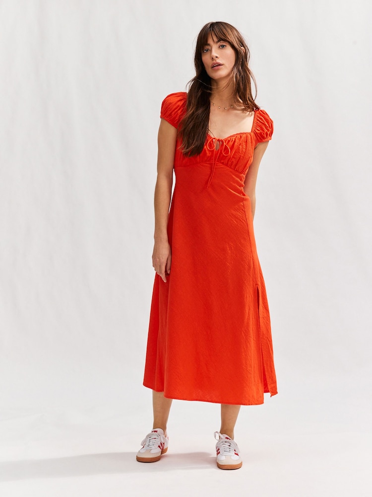 Bright Red Puff Sleeve Midi Dress - Image 3 of 4