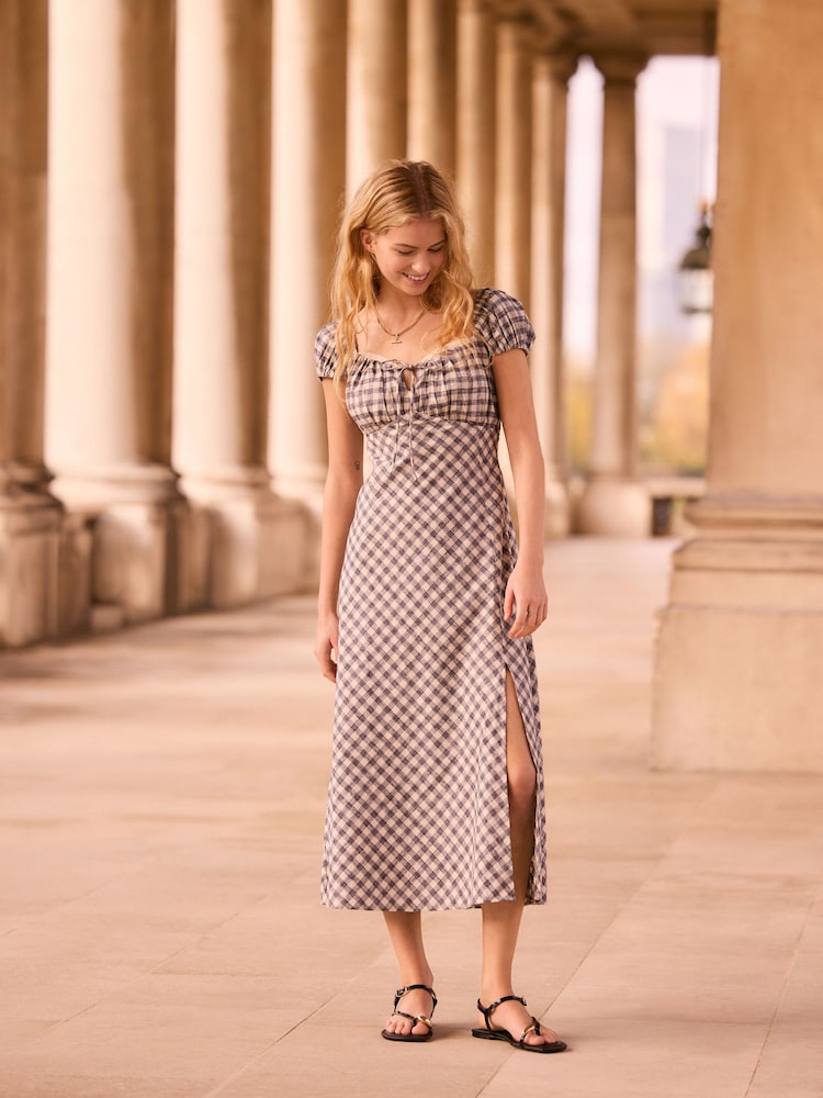 Navy Blue Gingham Puff Sleeve Midi Dress - Image 3 of 5