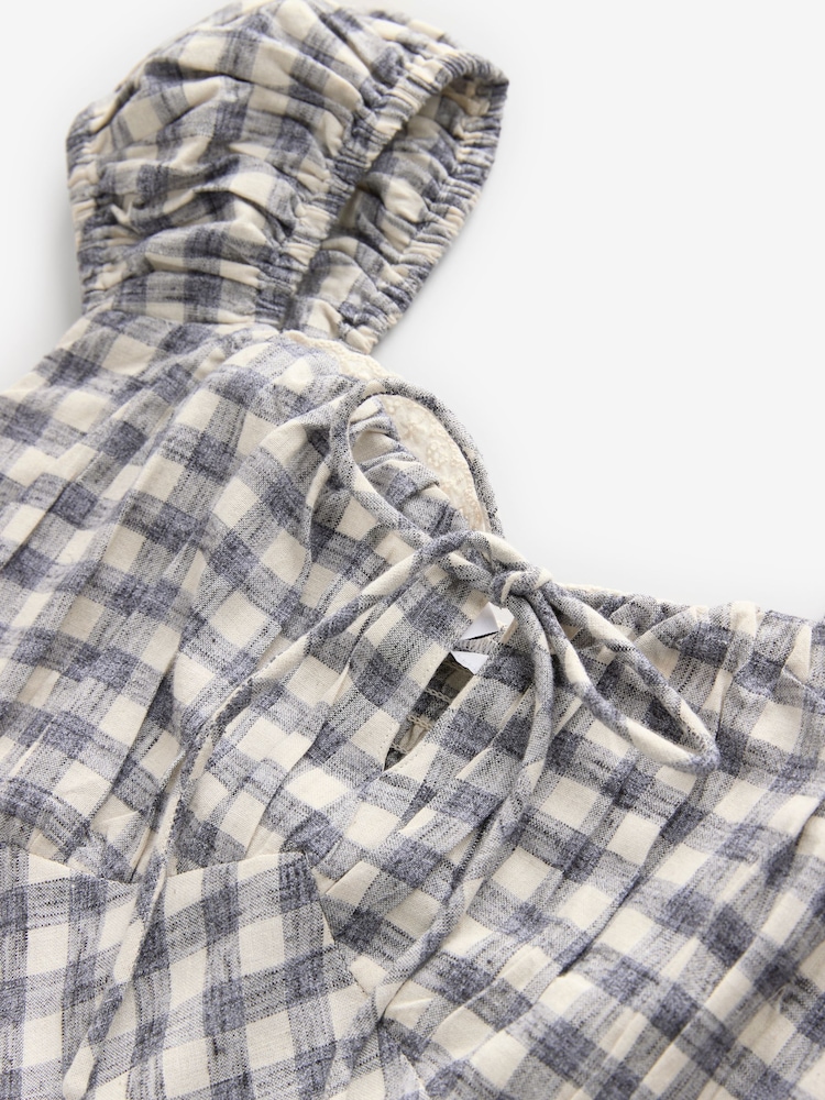Navy Blue Gingham Puff Sleeve Midi Dress - Image 8 of 8