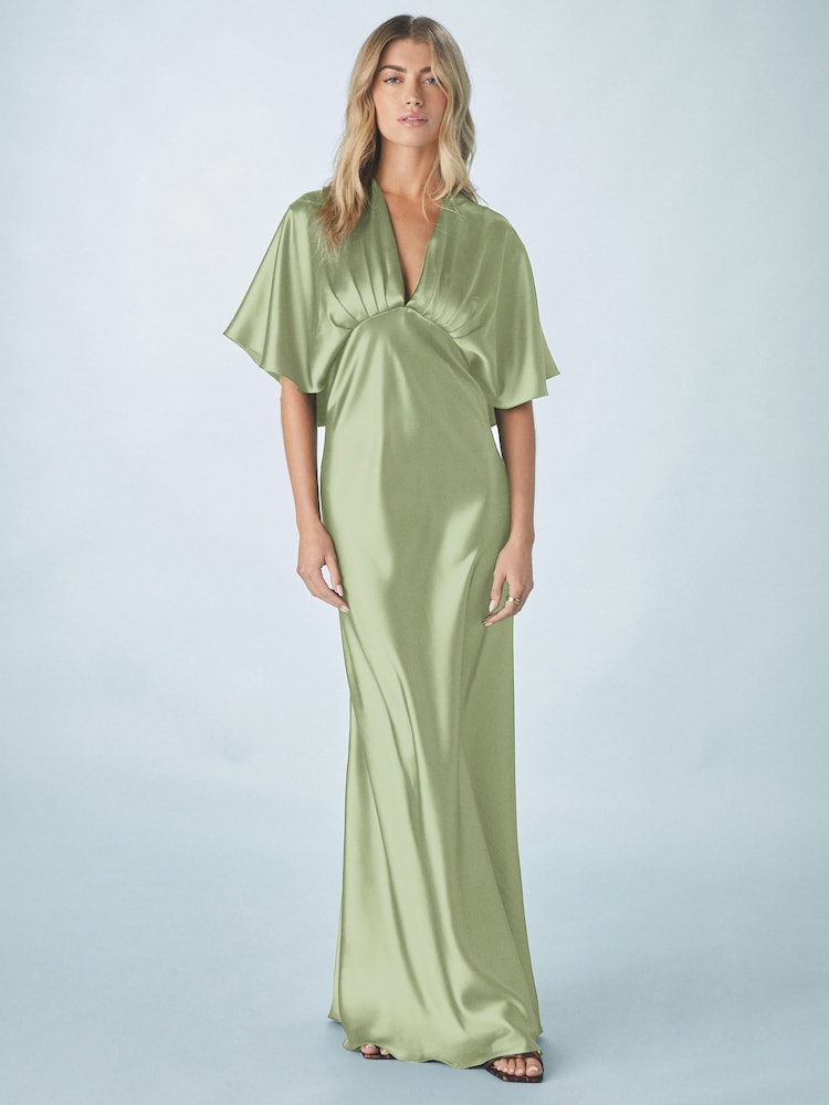 Grijs-groen - Satijn Maxi-jurk met fladdermouwen voor bruidsmeisjes - Image 3 of 5