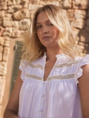 White Frill Detail Lace Insert Mini Dress with Linen - Image 6 of 7