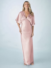 وردي داكن - Bridesmaid Satin Flutter Sleeve Maxi Dress - صورة 1 من 5