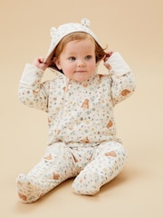MORI Cream Bear Print Cotton And Bamboo Lined Pramsuit - Image 1 of 6