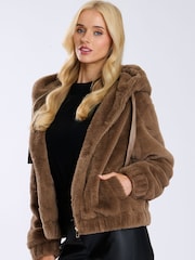 South Beach Brown Faux Fur Hooded Jacket - Image 1 of 5