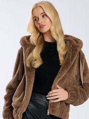 South Beach Brown Faux Fur Hooded Jacket - Image 3 of 5