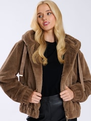 South Beach Brown Faux Fur Hooded Jacket - Image 4 of 5