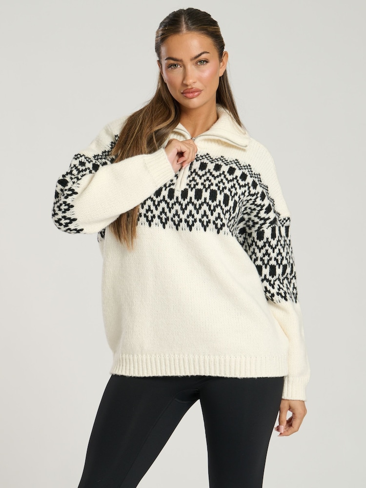 South Beach Cream Fairisle Pattern Half Zip Jumper - Image 1 of 5