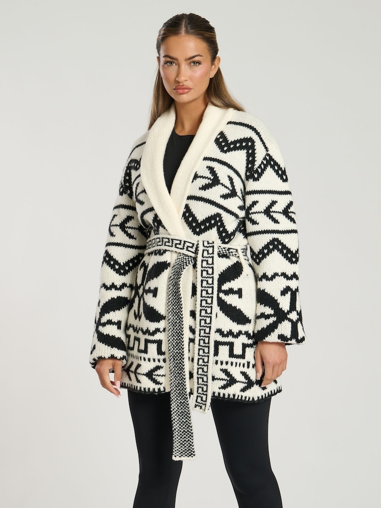 South Beach Black Jacquard Waist Tie Knit Cardigan - Image 1 of 5
