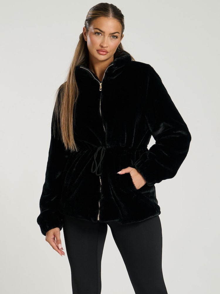 South Beach Black Faux Fur Jacket With Waist Ties - Image 1 of 6