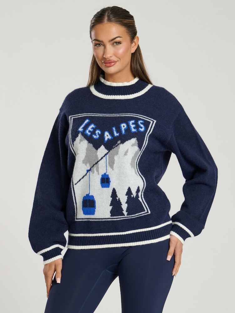 South Beach Blue Funnel Neck Les Alpes Knit Jumper - Image 1 of 6
