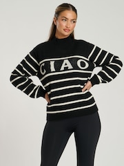 South Beach Black Funnel Neck Slogan Striped Knit Jumper - Image 1 of 6