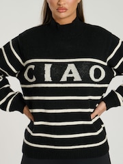 South Beach Black Funnel Neck Slogan Striped Knit Jumper - Image 2 of 6