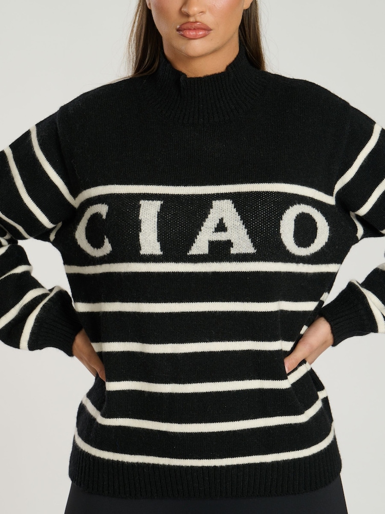 South Beach Black Funnel Neck Slogan Striped Knit Jumper - Image 2 of 6