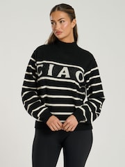South Beach Black Funnel Neck Slogan Striped Knit Jumper - Image 3 of 6