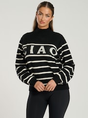 South Beach Black Funnel Neck Slogan Striped Knit Jumper - Image 5 of 6
