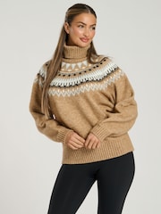 South Beach Brown Roll Neck Jaquard Knit Jumper - Image 1 of 5