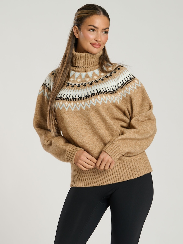 South Beach Brown Roll Neck Jaquard Knit Jumper - Image 1 of 5