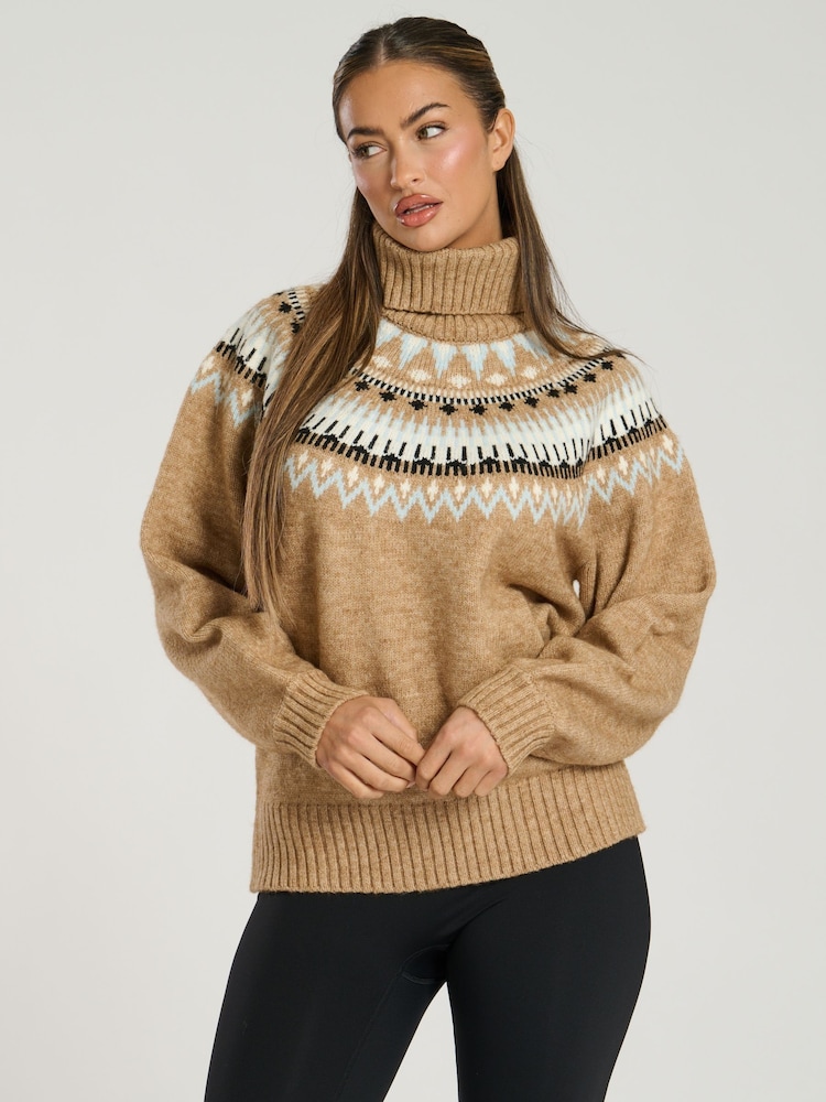 South Beach Brown Roll Neck Jaquard Knit Jumper - Image 2 of 5