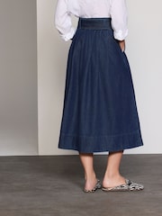 Azul oscuro - Falda a media pierna plisada de denim con cinturón de 100% algodón - Imagen 3 de 4