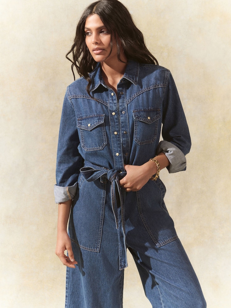 Mid Blue Western Denim 100% Cotton Jumpsuit - Image 1 of 5