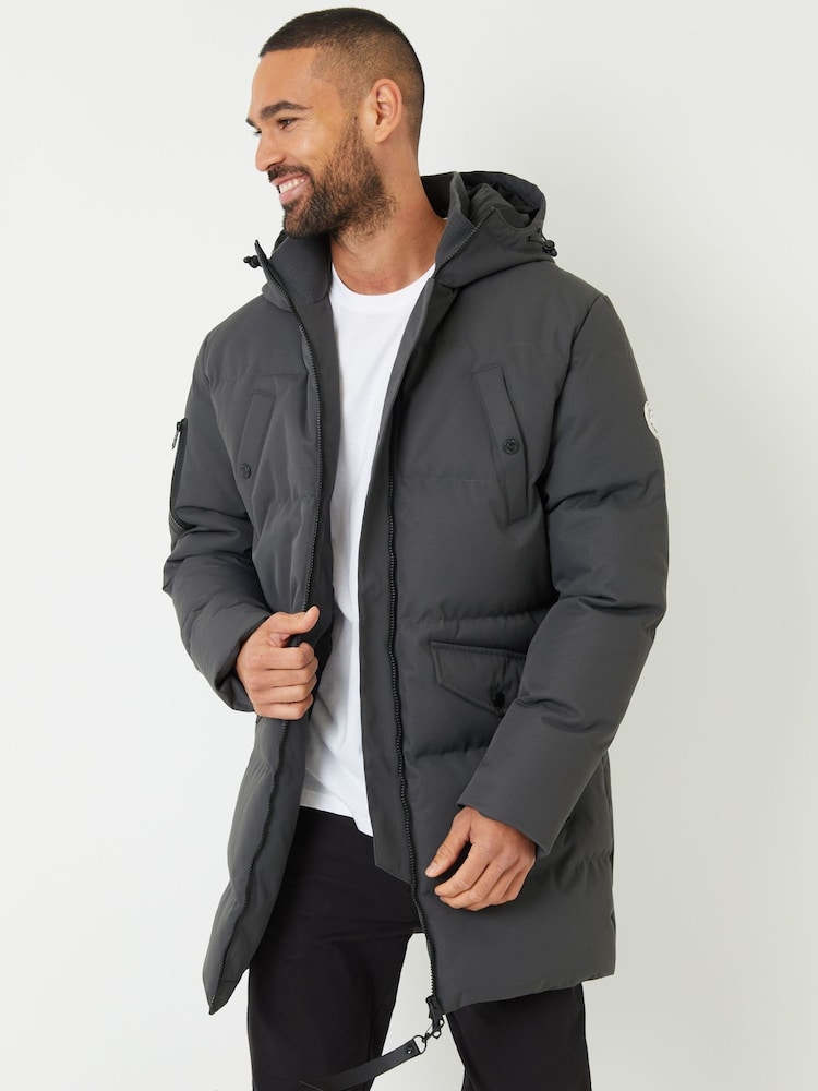Threadbare Grey Showerproof Longline Padded Hooded Jacket - Image 1 of 4