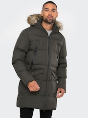 Threadbare Khaki Showerproof Longline Hooded Padded Parka Coat - Image 1 of 4