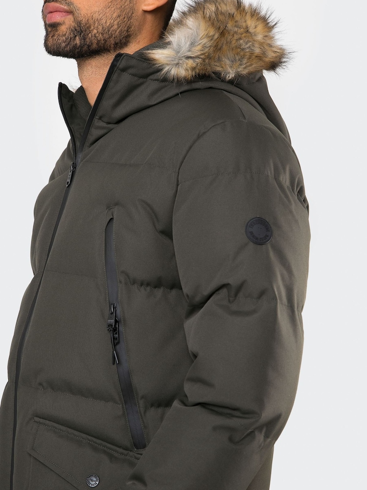 Threadbare Khaki Showerproof Longline Hooded Padded Parka Coat - Image 4 of 4