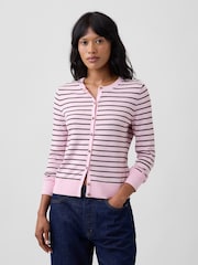 Gap Pink Stripe Crew Neck Cardigan - Image 1 of 5