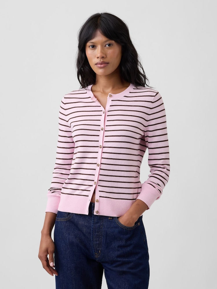 Gap Pink Stripe Crew Neck Cardigan - Image 1 of 5 Gap Pink Stripe Crew Neck Cardigan - Image 1 of 5