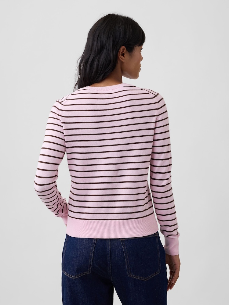 Gap Pink Stripe Crew Neck Cardigan - Image 2 of 5 Gap Pink Stripe Crew Neck Cardigan - Image 2 of 5