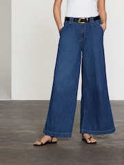 Dark Blue Linen Blend Wide Leg Palazzo Denim Trousers - Image 3 of 5