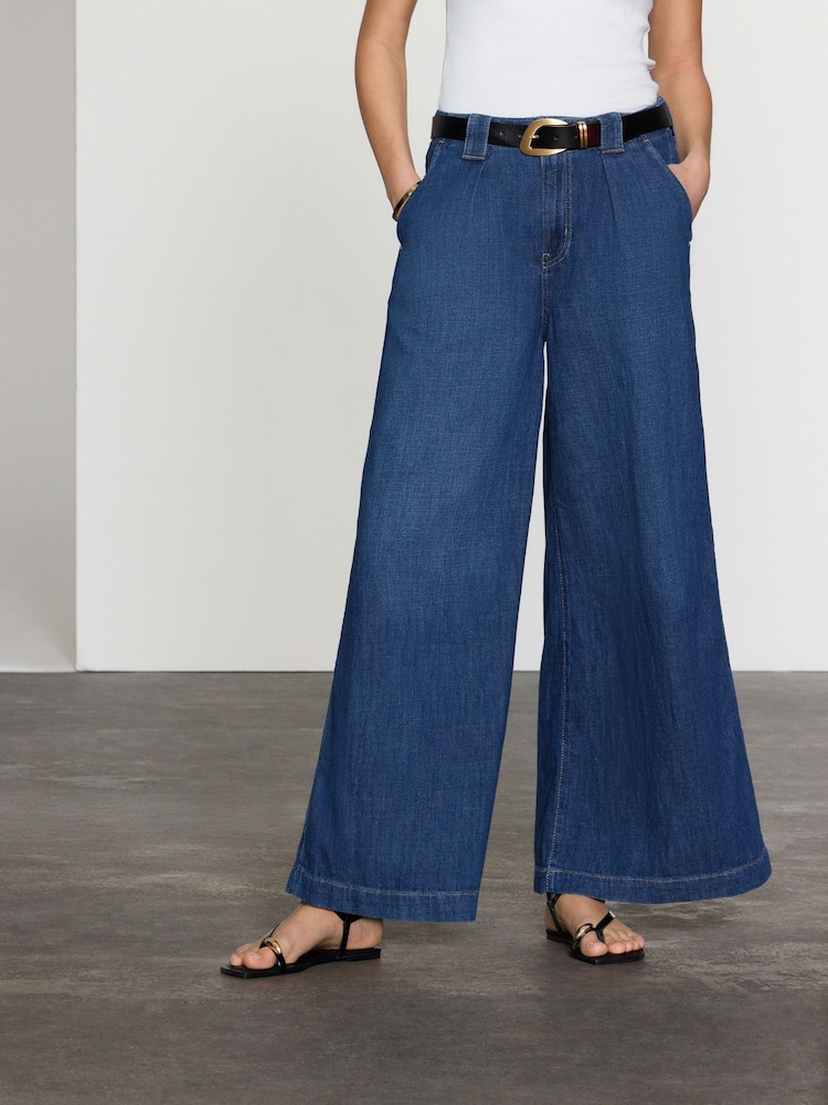 Dark Blue Linen Blend Wide Leg Palazzo Denim Trousers - Image 3 of 5