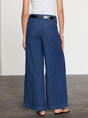 Dark Blue Linen Blend Wide Leg Palazzo Denim Trousers - Image 4 of 5