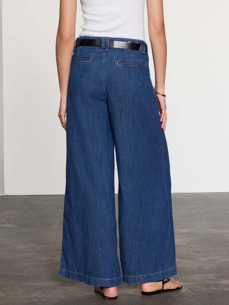 Dark Blue Linen Blend Wide Leg Palazzo Denim Trousers - Image 4 of 5