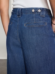 Dark Blue Linen Blend Wide Leg Palazzo Denim Trousers - Image 5 of 5