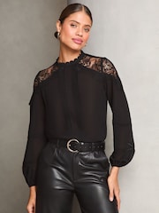 Lipsy Black Lace Detail High Neck Blouse - Image 1 of 4