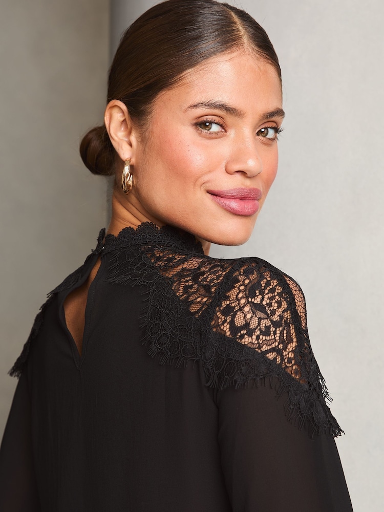 Lipsy Black Lace Detail High Neck Blouse - Image 2 of 4