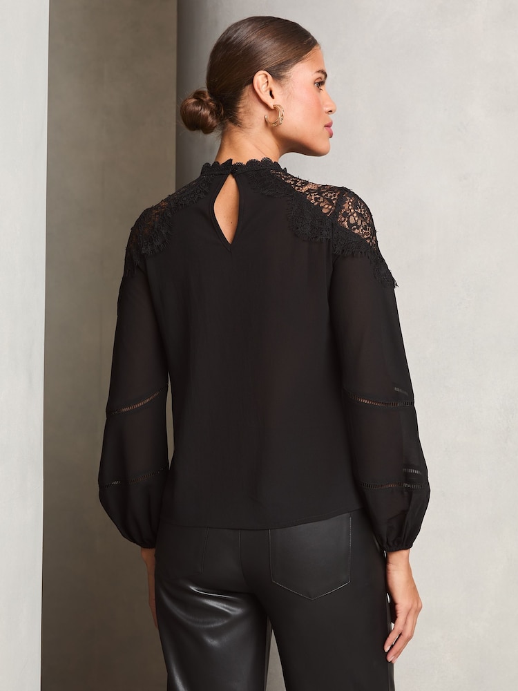 Lipsy Black Lace Detail High Neck Blouse - Image 4 of 4
