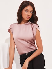 Lipsy Pink Tulip Sleeve Round Neck Button Detail Satin Top - Image 1 of 4