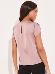 Lipsy Pink Tulip Sleeve Round Neck Button Detail Satin Top - Image 2 of 4