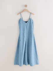 Mid Blue Floral Embroidered TENCEL™ Denim Maxi Slip Dress - Image 1 of 3